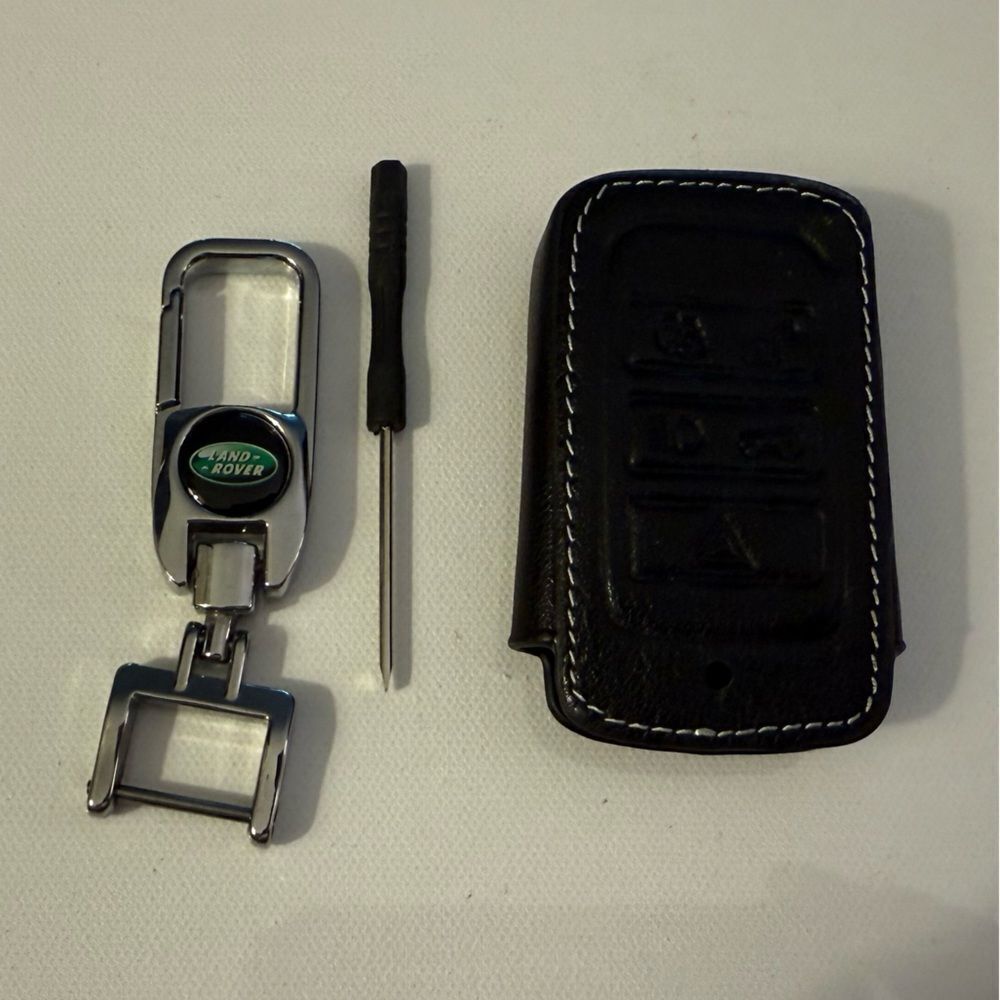Land Rover Metal Keyfob Keychain and Key Fob Cover in Black Leather NWT
